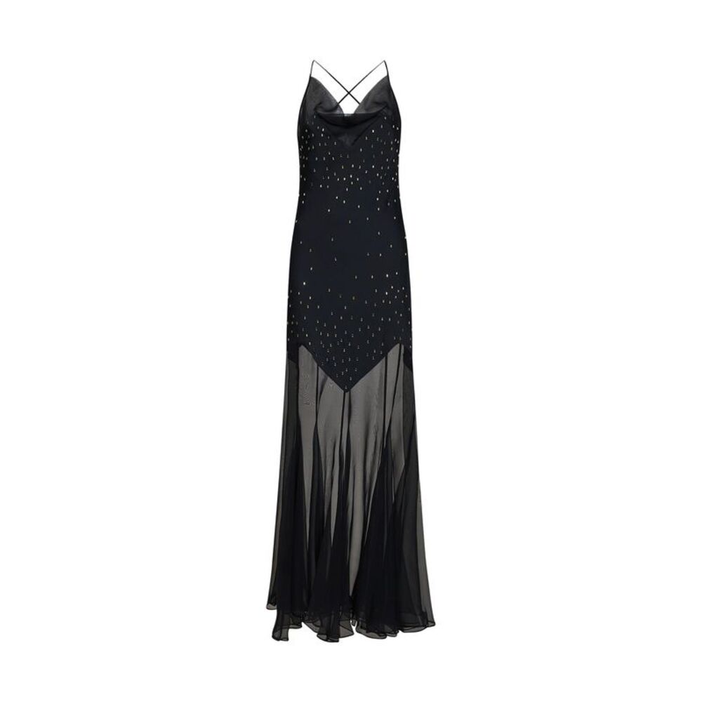 Rabanne Women Black Crystal-Embellished Satin And Sheer Chiffon Long Dress